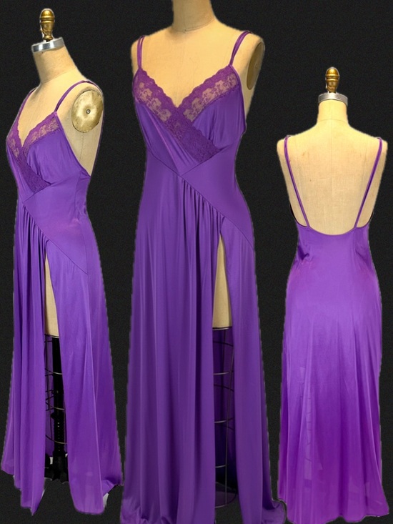 Vintage Other - VINTAGE violet purple nylon silky nightgown slip dress maxi side slit lace sexy